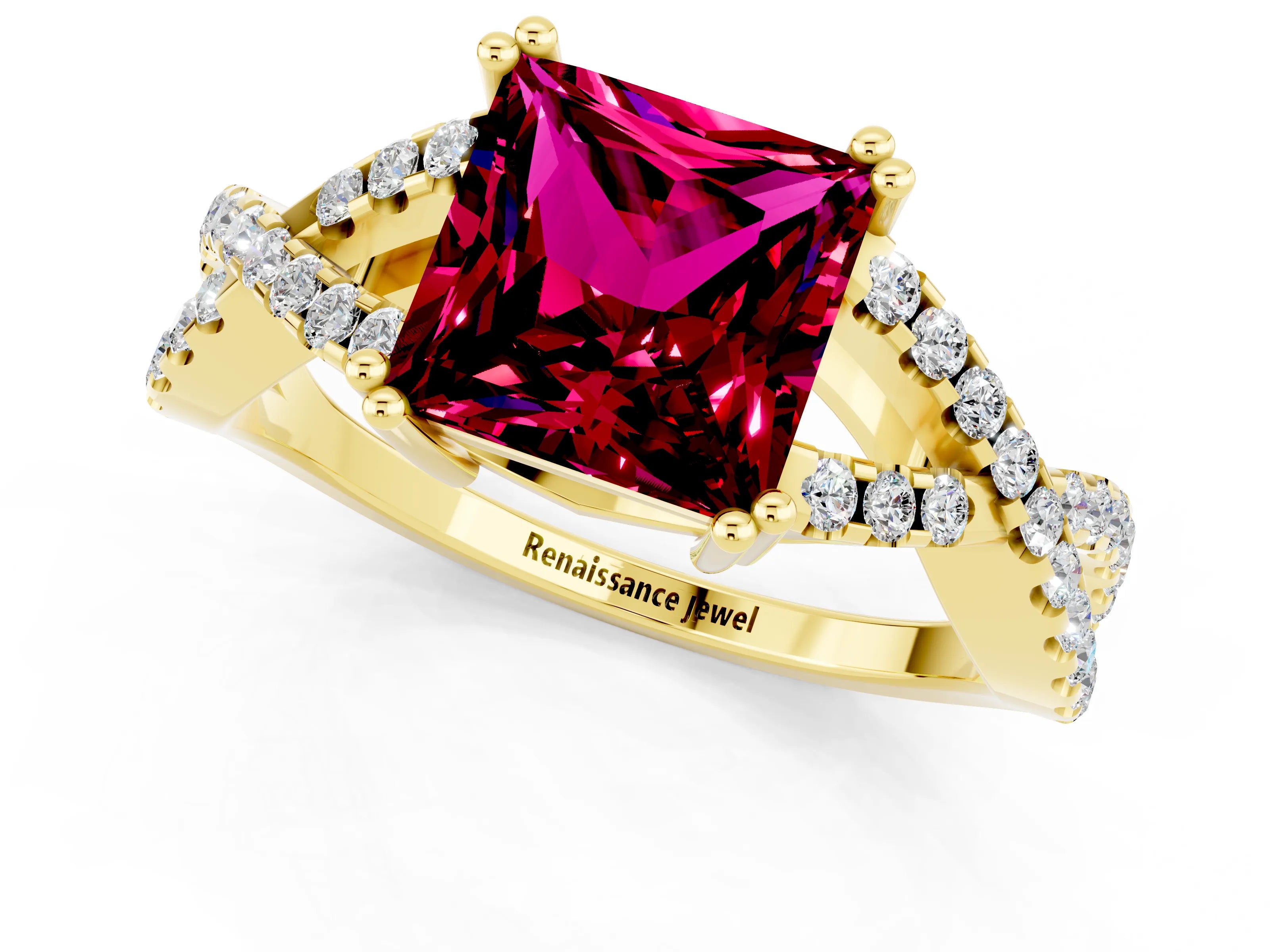 Yellow gold Princess Cut Garnet Solitaire Ring with Four-Prong Setting and Twisted Pavé Band_1