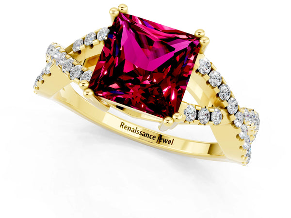 Yellow gold Princess Cut Garnet Solitaire Ring with Four-Prong Setting and Twisted Pavé Band