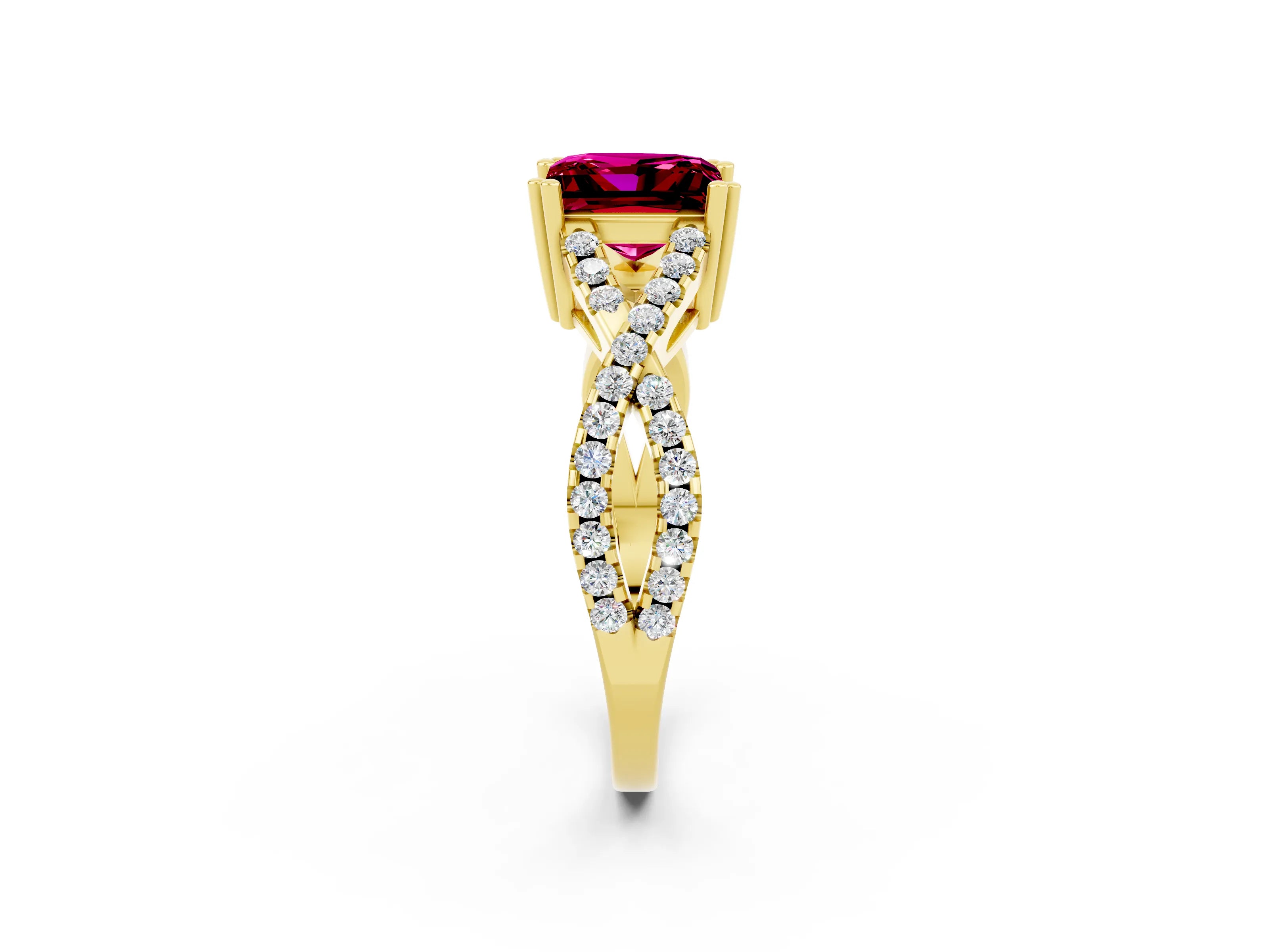Yellow gold Princess Cut Garnet Solitaire Ring with Four-Prong Setting and Twisted Pavé Band_2