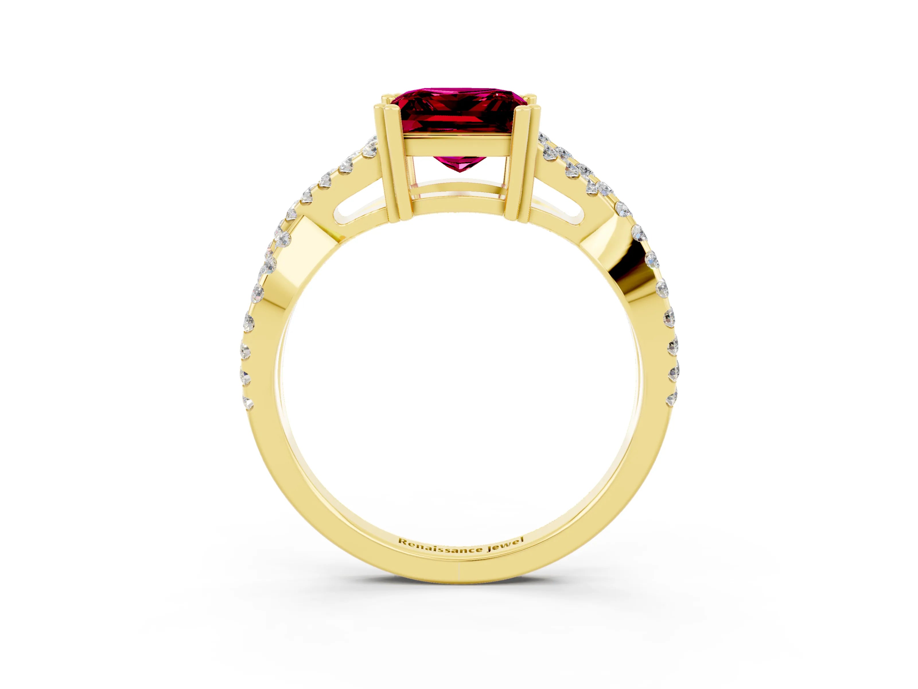 Yellow gold Princess Cut Garnet Solitaire Ring with Four-Prong Setting and Twisted Pavé Band_3