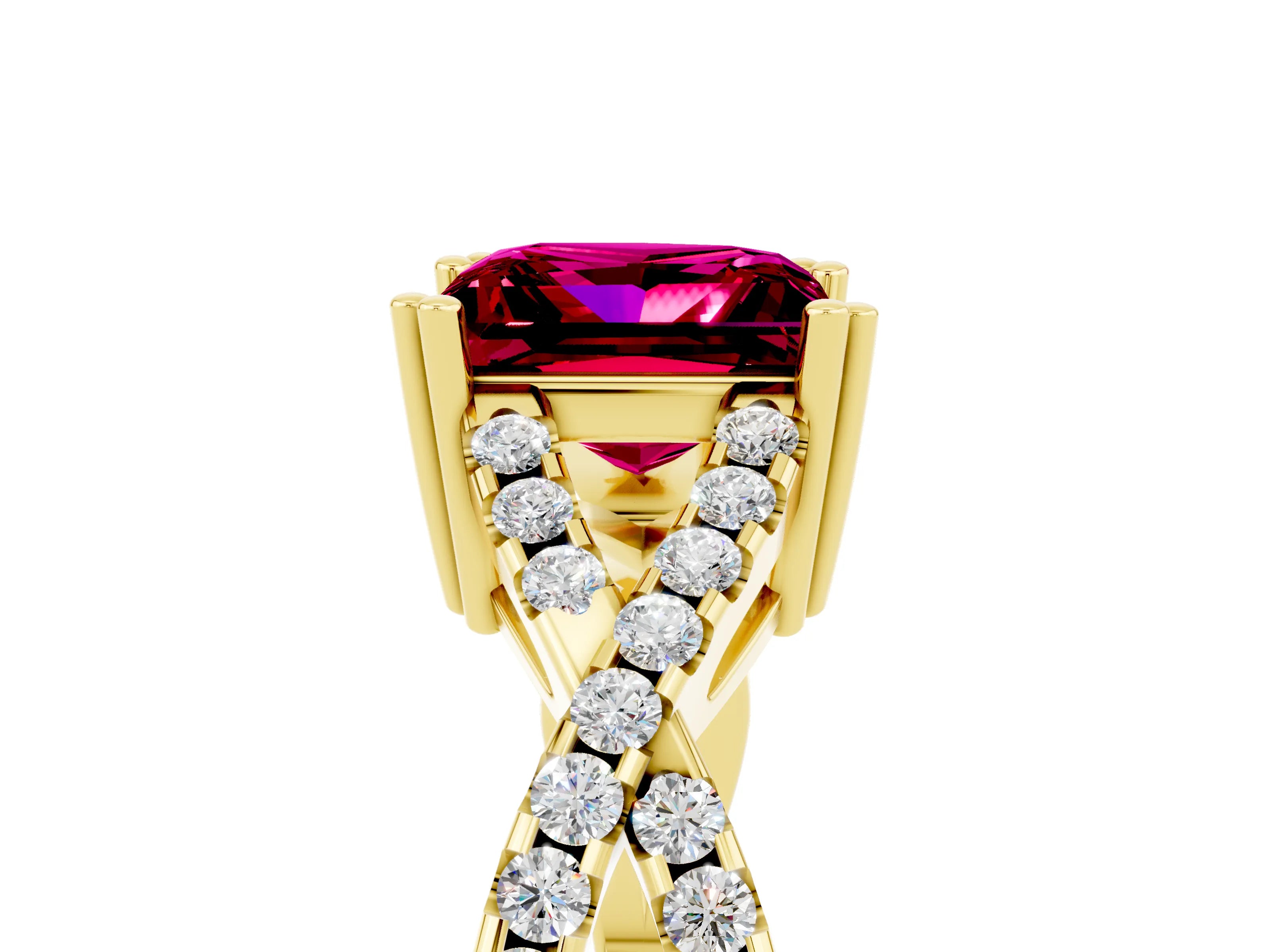 Yellow gold Princess Cut Garnet Solitaire Ring with Four-Prong Setting and Twisted Pavé Band_5
