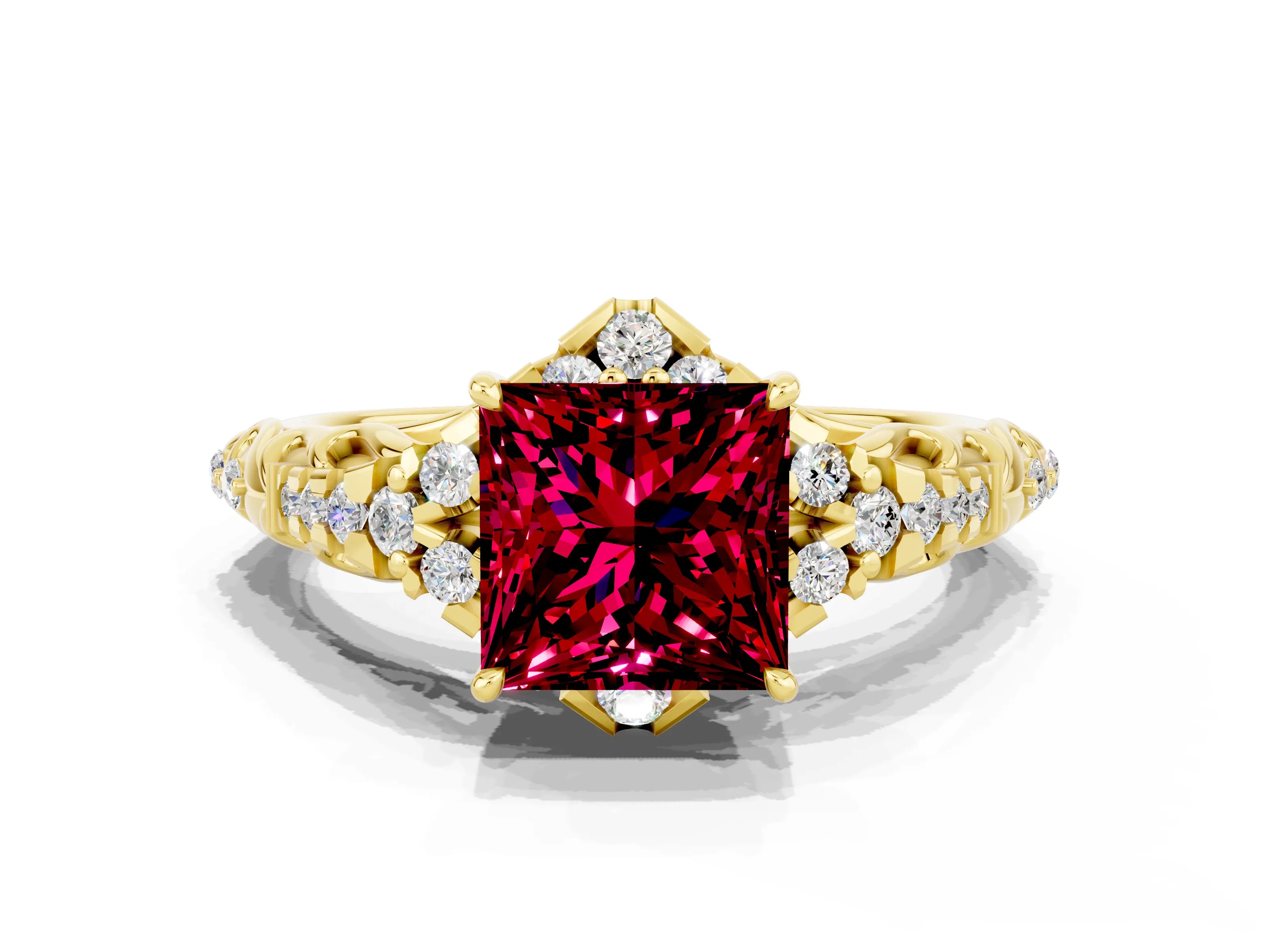 Yellow gold Princess Cut Garnet Solitaire Ring with Hidden Halo and Pavé Band_12