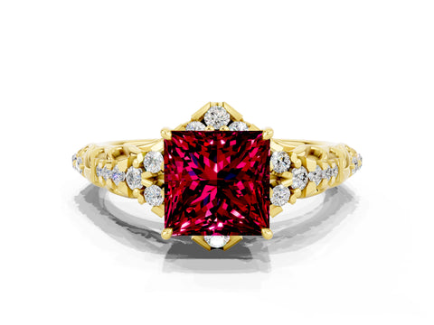 Yellow gold Princess Cut Garnet Solitaire Ring with Hidden Halo and Pavé Band_12