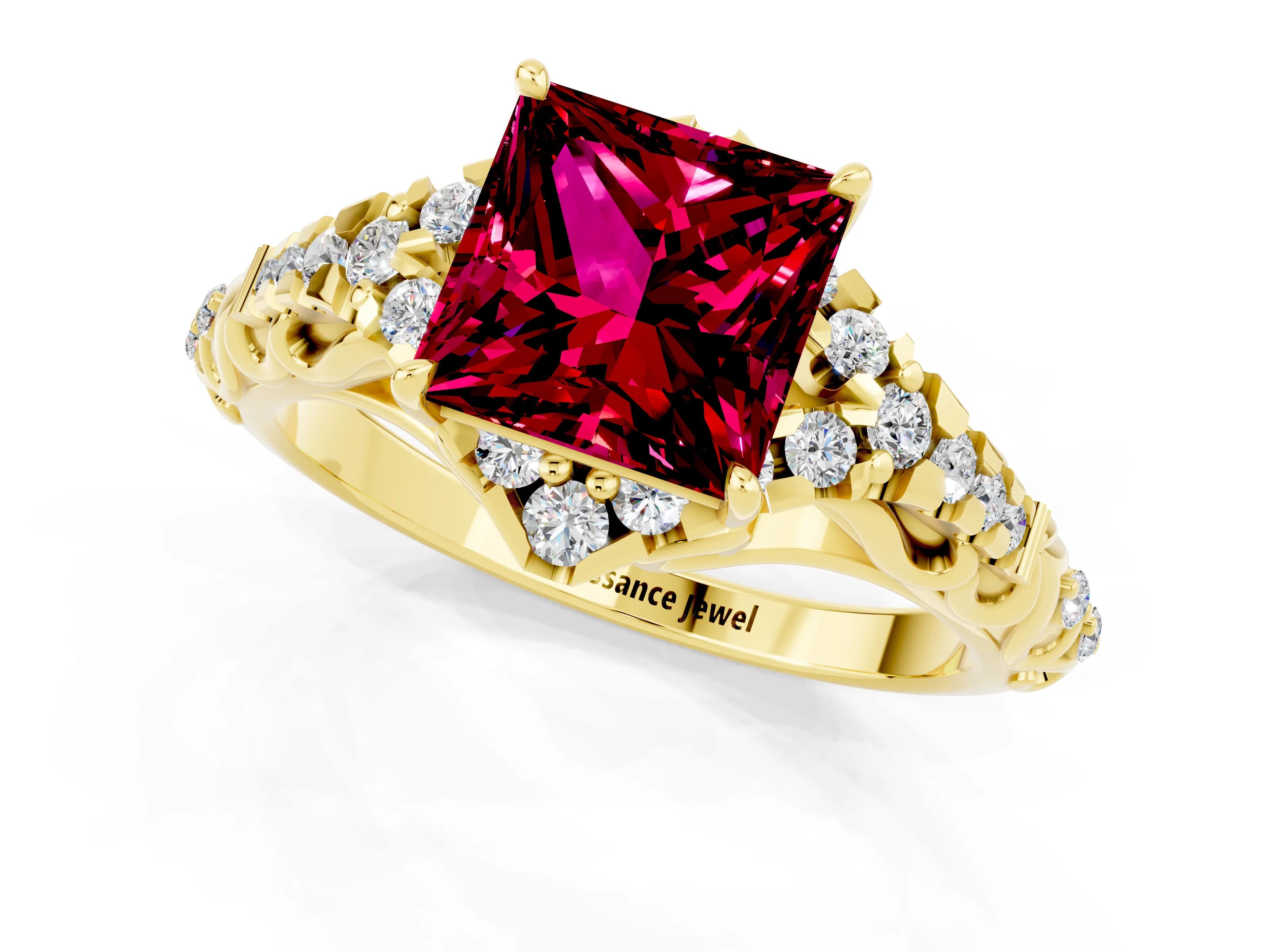Yellow gold Princess Cut Garnet Solitaire Ring with Hidden Halo and Pavé Band_13