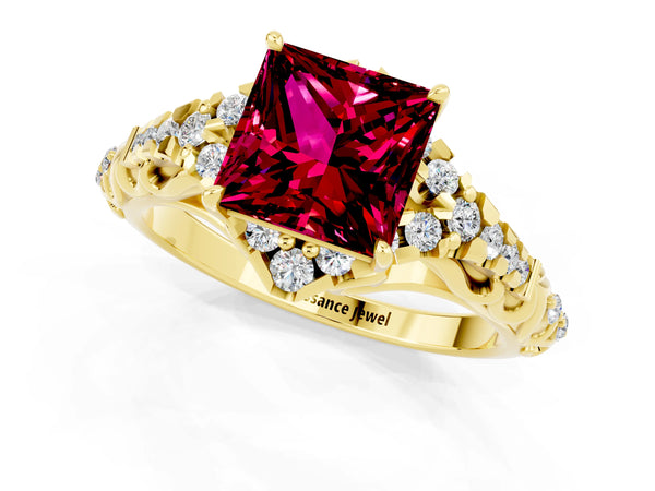 Yellow gold Princess Cut Garnet Solitaire Ring with Hidden Halo and Pavé Band