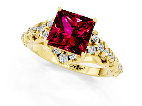 Yellow gold Princess Cut Garnet Solitaire Ring with Hidden Halo and Pavé Band_13