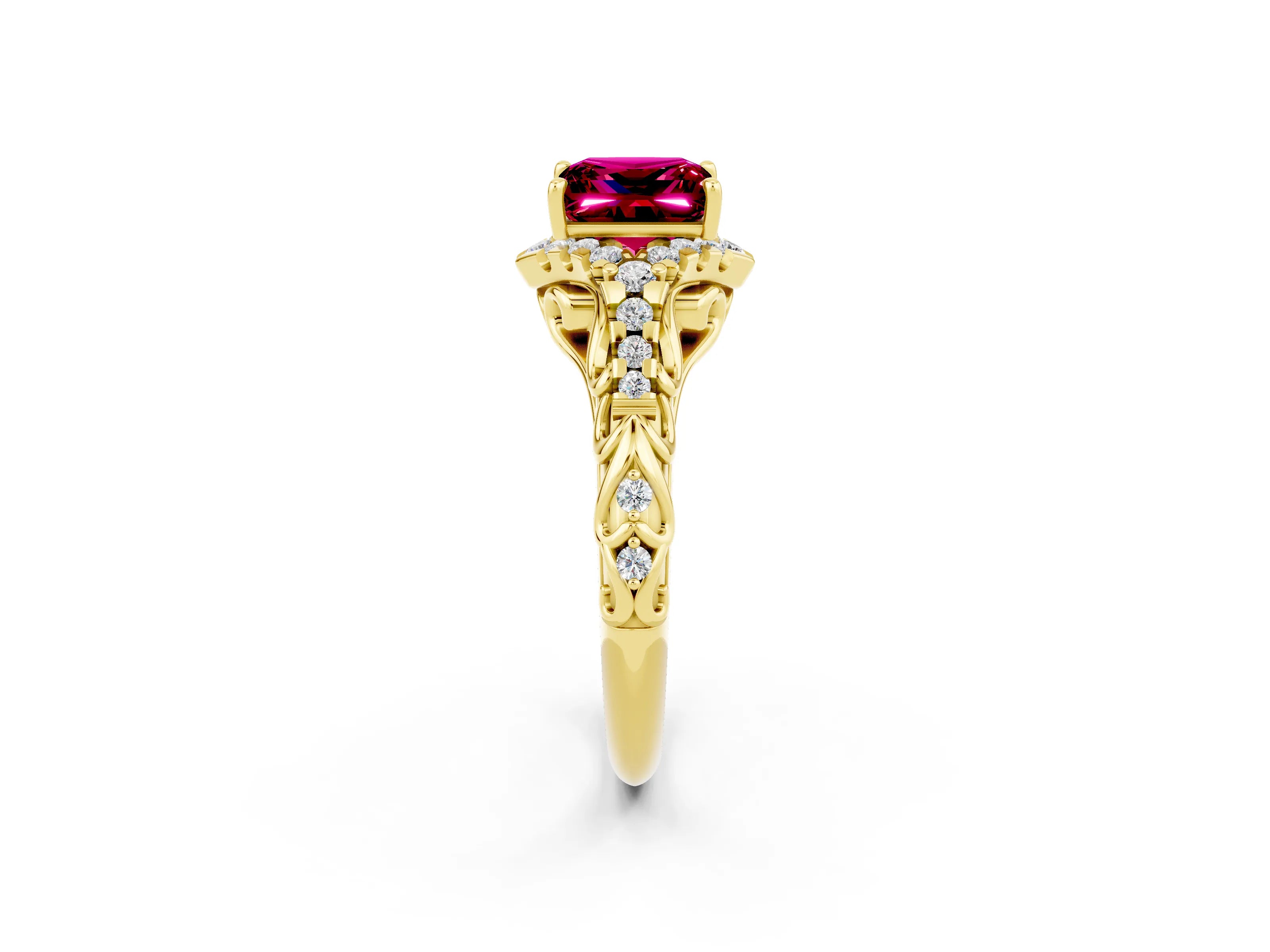 Yellow gold Princess Cut Garnet Solitaire Ring with Hidden Halo and Pavé Band_14