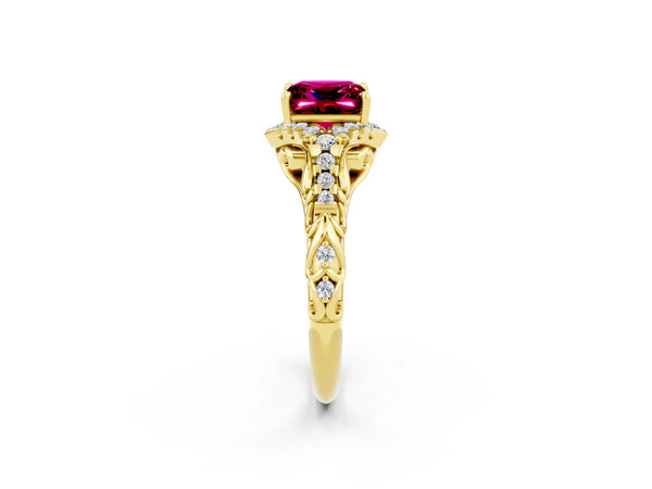 Yellow gold Princess Cut Garnet Solitaire Ring with Hidden Halo and Pavé Band