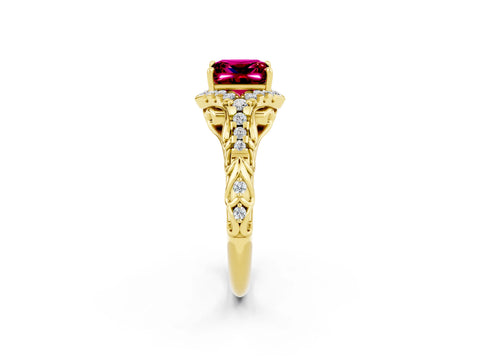 Yellow gold Princess Cut Garnet Solitaire Ring with Hidden Halo and Pavé Band_14