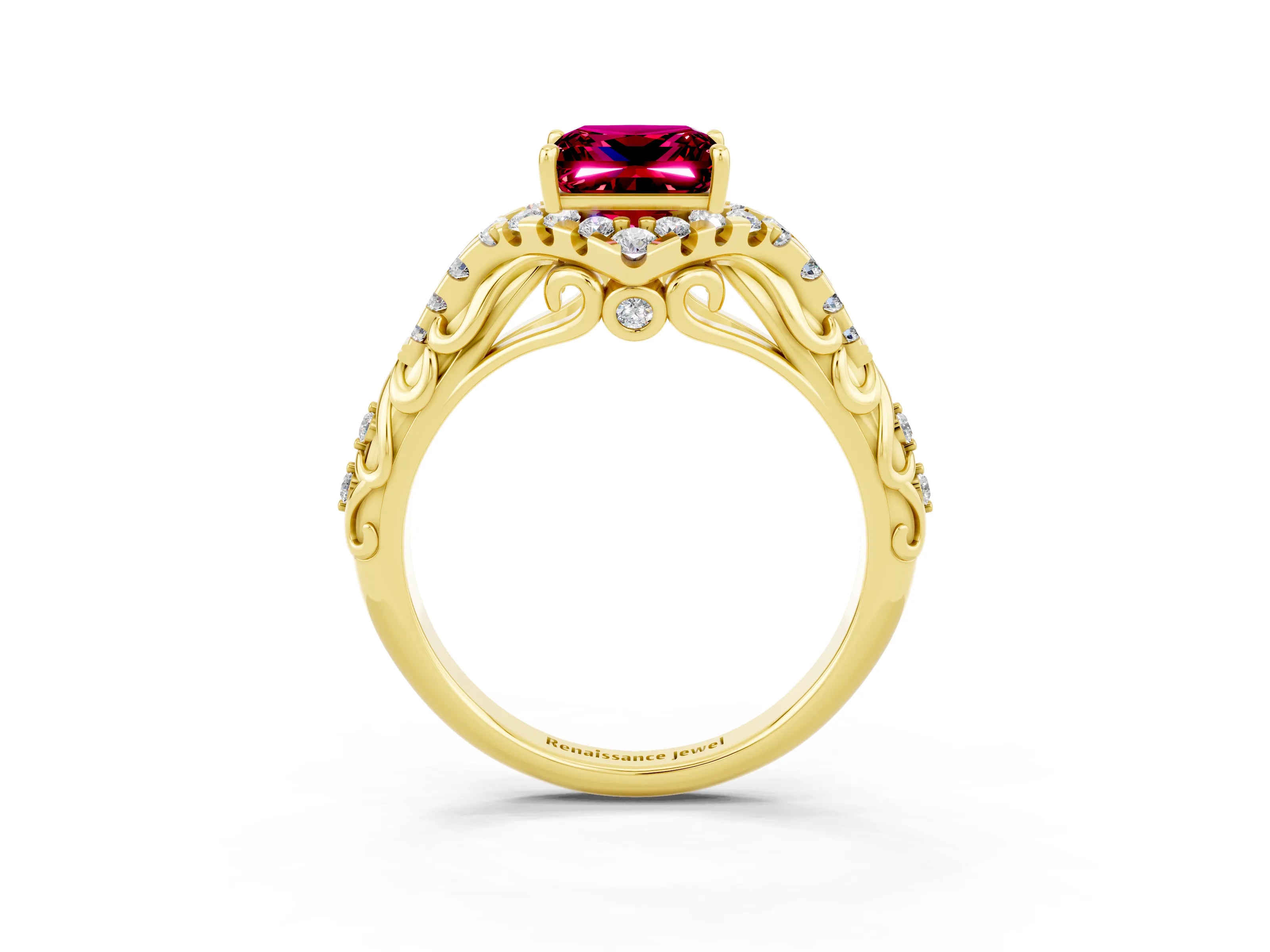 Yellow gold Princess Cut Garnet Solitaire Ring with Hidden Halo and Pavé Band_15