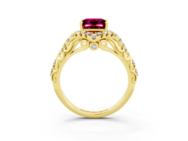 Yellow gold Princess Cut Garnet Solitaire Ring with Hidden Halo and Pavé Band