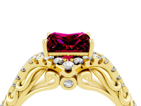 Yellow gold Princess Cut Garnet Solitaire Ring with Hidden Halo and Pavé Band_16