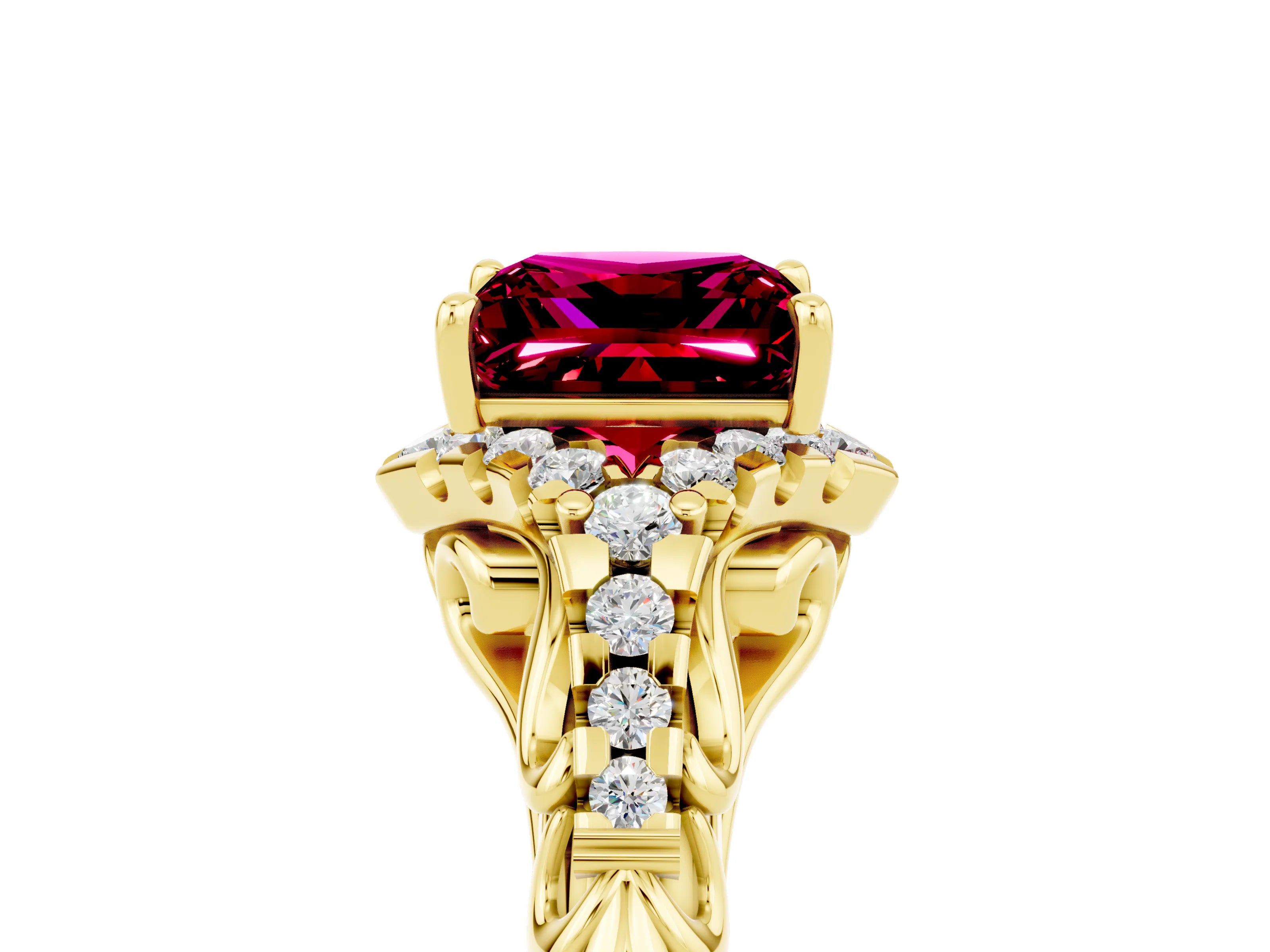 Yellow gold Princess Cut Garnet Solitaire Ring with Hidden Halo and Pavé Band_17
