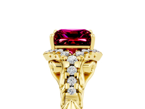 Yellow gold Princess Cut Garnet Solitaire Ring with Hidden Halo and Pavé Band_17