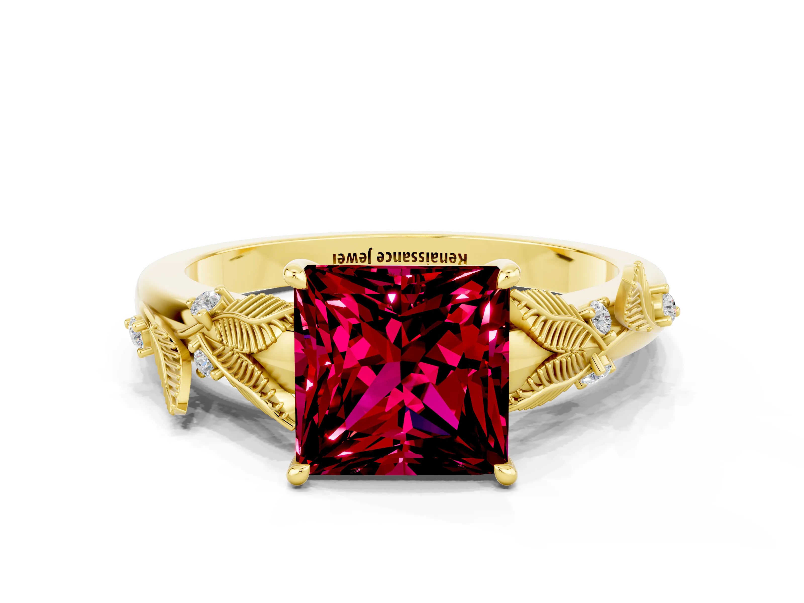 Yellow gold Princess Cut Garnet Solitaire Ring with Leaf Motif Band and Four-Prong Setting