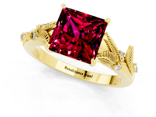 Yellow gold Princess Cut Garnet Solitaire Ring with Leaf Motif Band and Four-Prong Setting