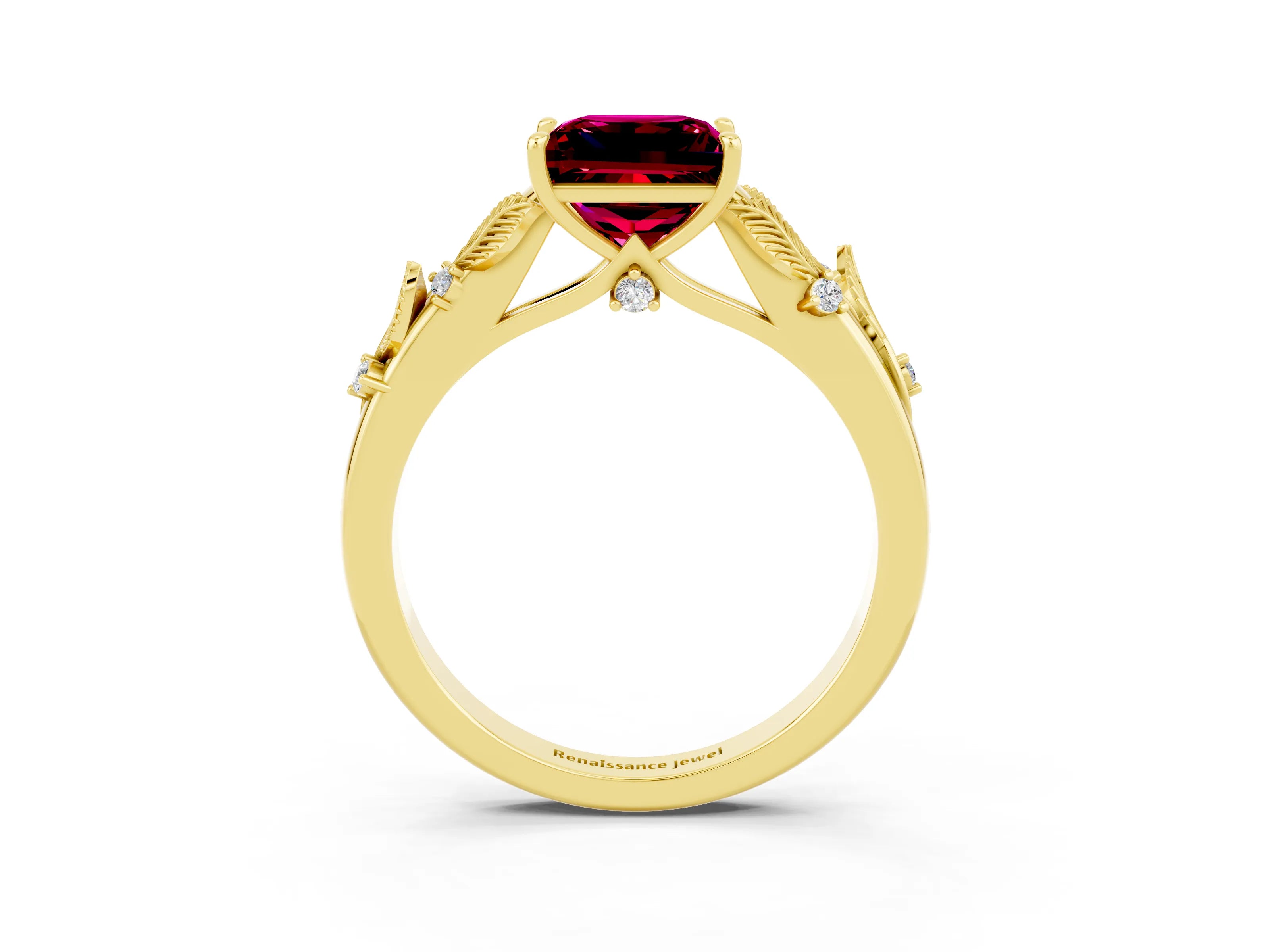 Yellow gold Princess Cut Garnet Solitaire Ring with Leaf Motif Band and Four-Prong Setting_3