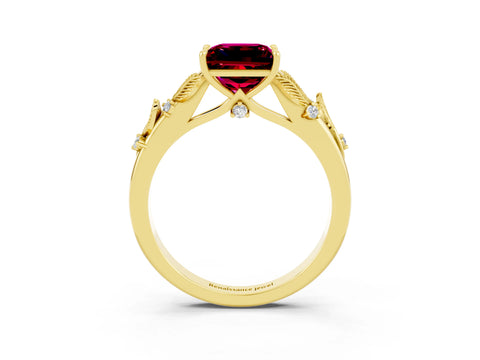 Yellow gold Princess Cut Garnet Solitaire Ring with Leaf Motif Band and Four-Prong Setting_3