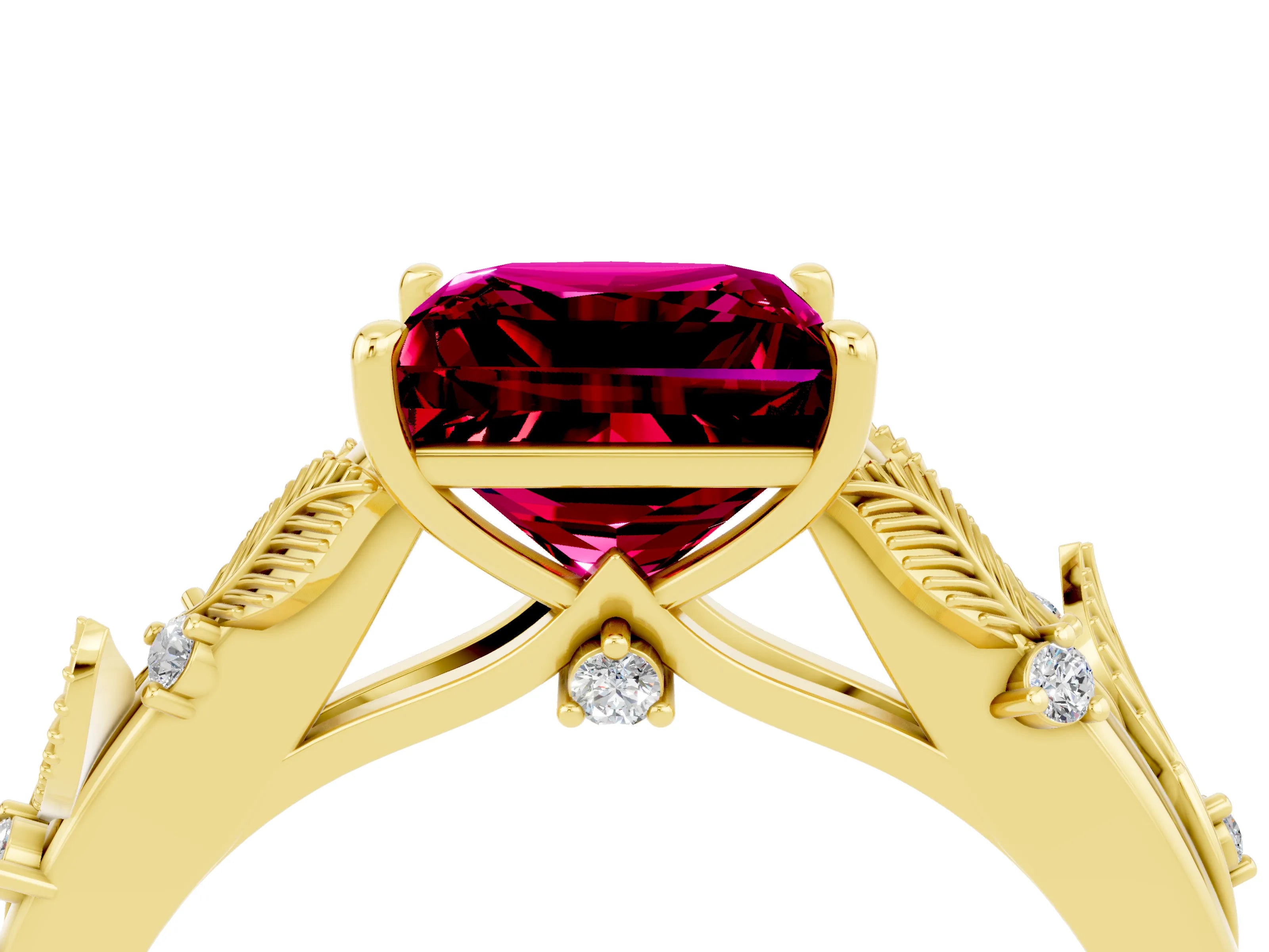 Yellow gold Princess Cut Garnet Solitaire Ring with Leaf Motif Band and Four-Prong Setting_4