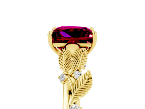 Yellow gold Princess Cut Garnet Solitaire Ring with Leaf Motif Band and Four-Prong Setting_5