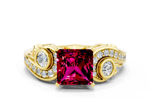 Yellow gold Princess Cut Garnet Solitaire Ring with Milgrain Pavé Band and Four-Prong Setting_24