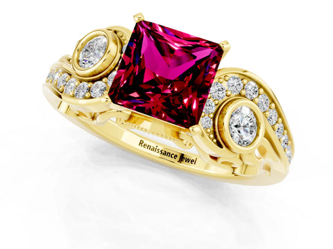Yellow gold Princess Cut Garnet Solitaire Ring with Milgrain Pavé Band and Four-Prong Setting_25