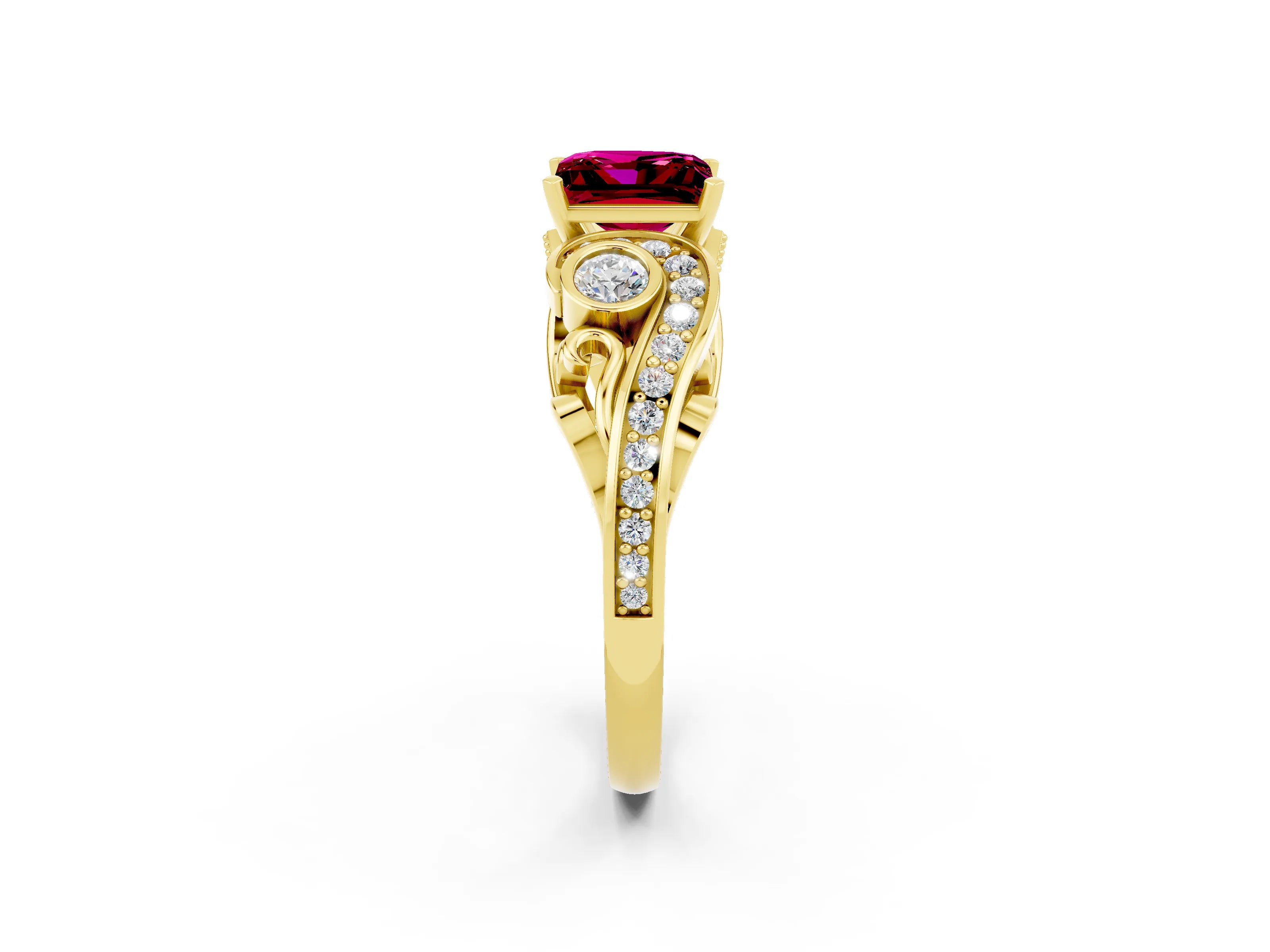 Yellow gold Princess Cut Garnet Solitaire Ring with Milgrain Pavé Band and Four-Prong Setting_26