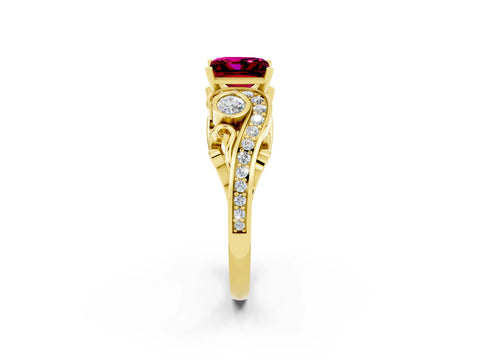 Yellow gold Princess Cut Garnet Solitaire Ring with Milgrain Pavé Band and Four-Prong Setting_26