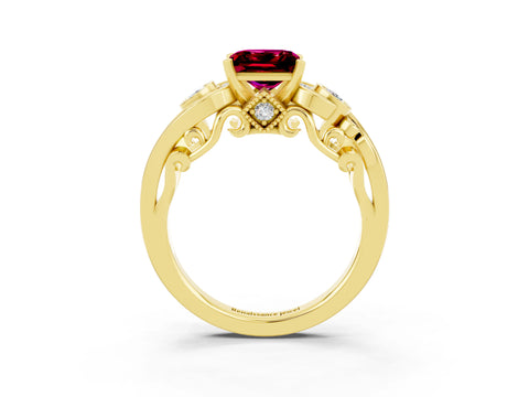 Yellow gold Princess Cut Garnet Solitaire Ring with Milgrain Pavé Band and Four-Prong Setting_27