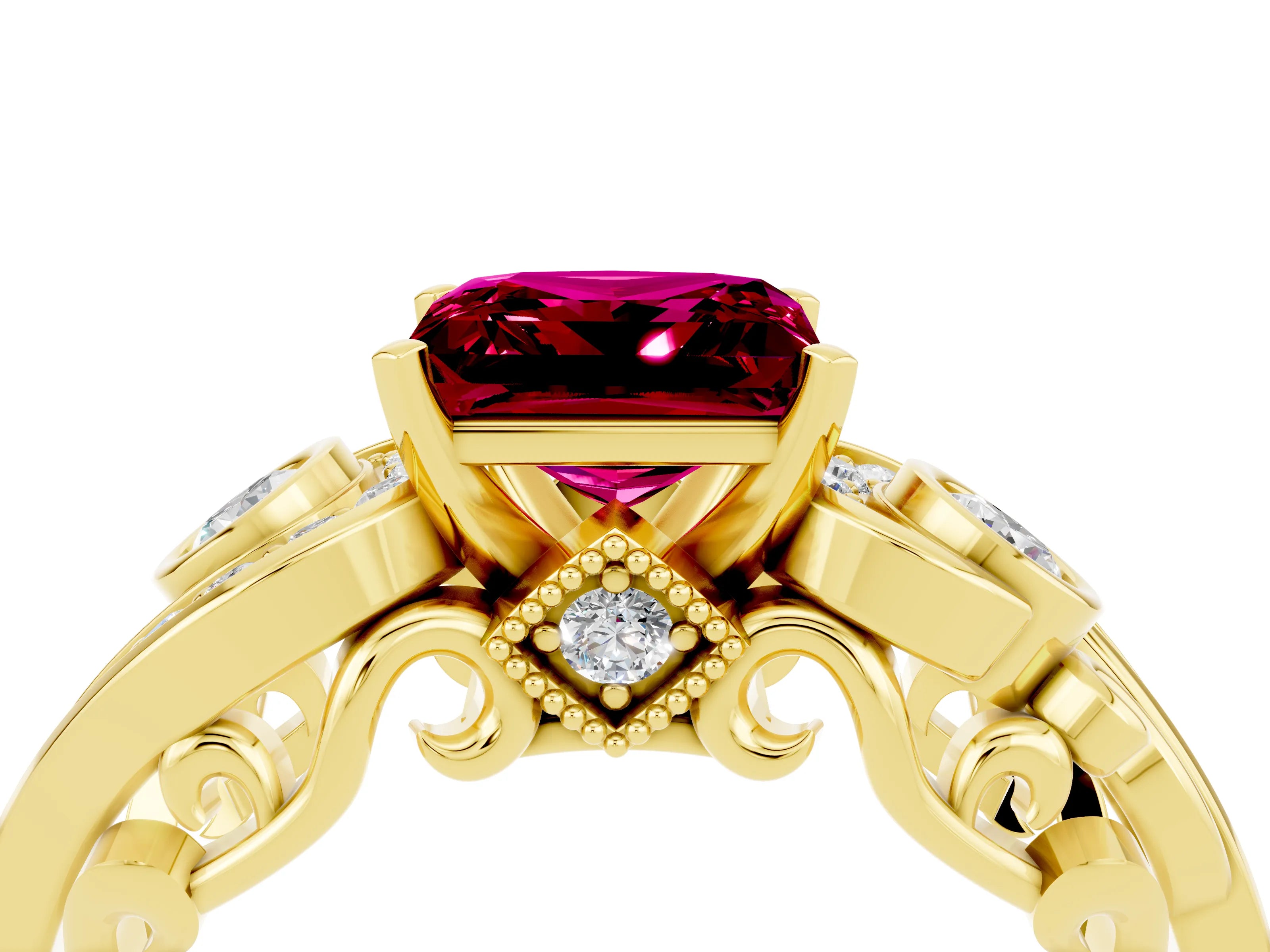 Yellow gold Princess Cut Garnet Solitaire Ring with Milgrain Pavé Band and Four-Prong Setting_28
