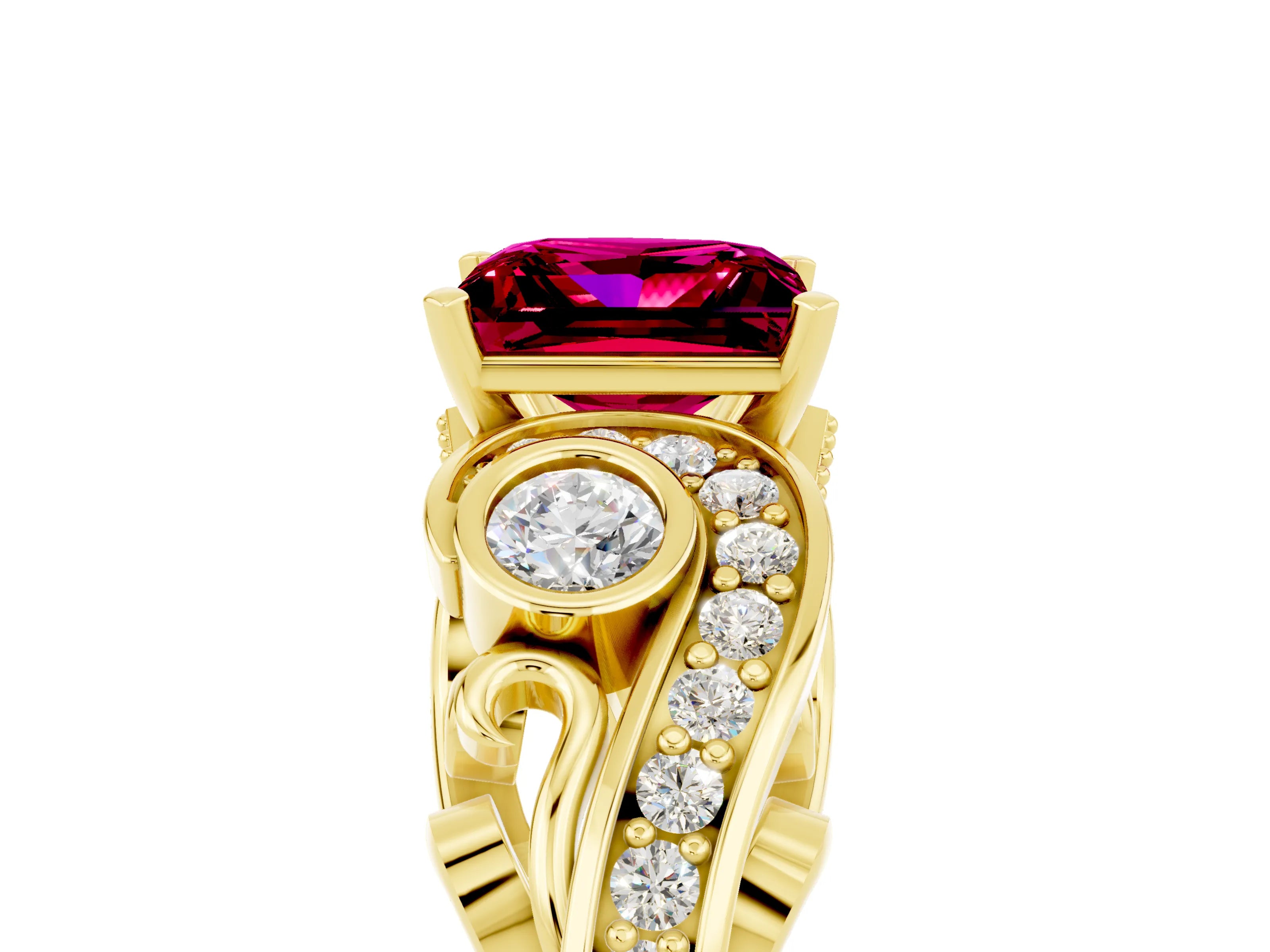 Yellow gold Princess Cut Garnet Solitaire Ring with Milgrain Pavé Band and Four-Prong Setting_29