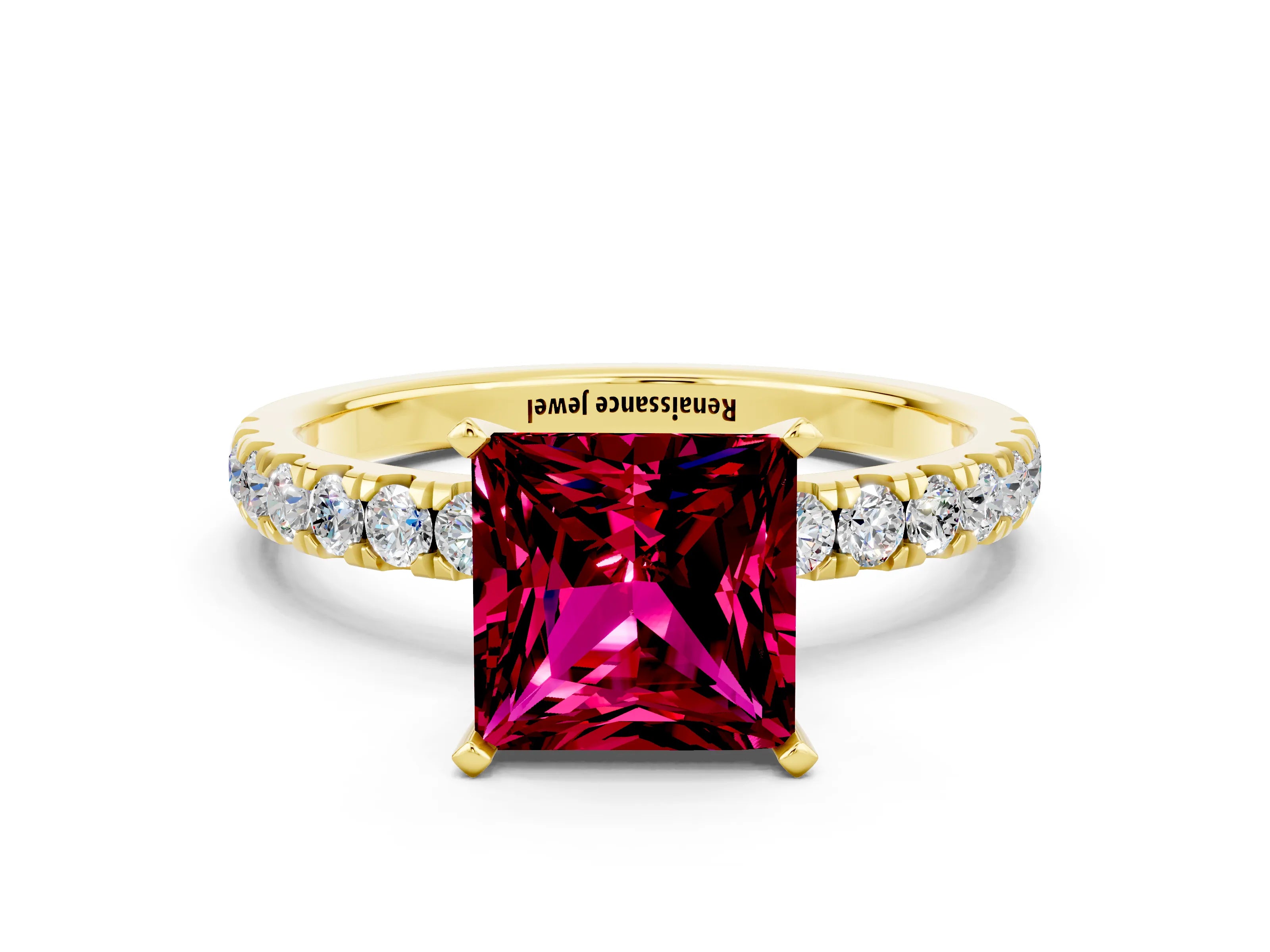 Yellow gold Princess Cut Garnet Solitaire Ring with Pavé Accents and Four-Prong Setting