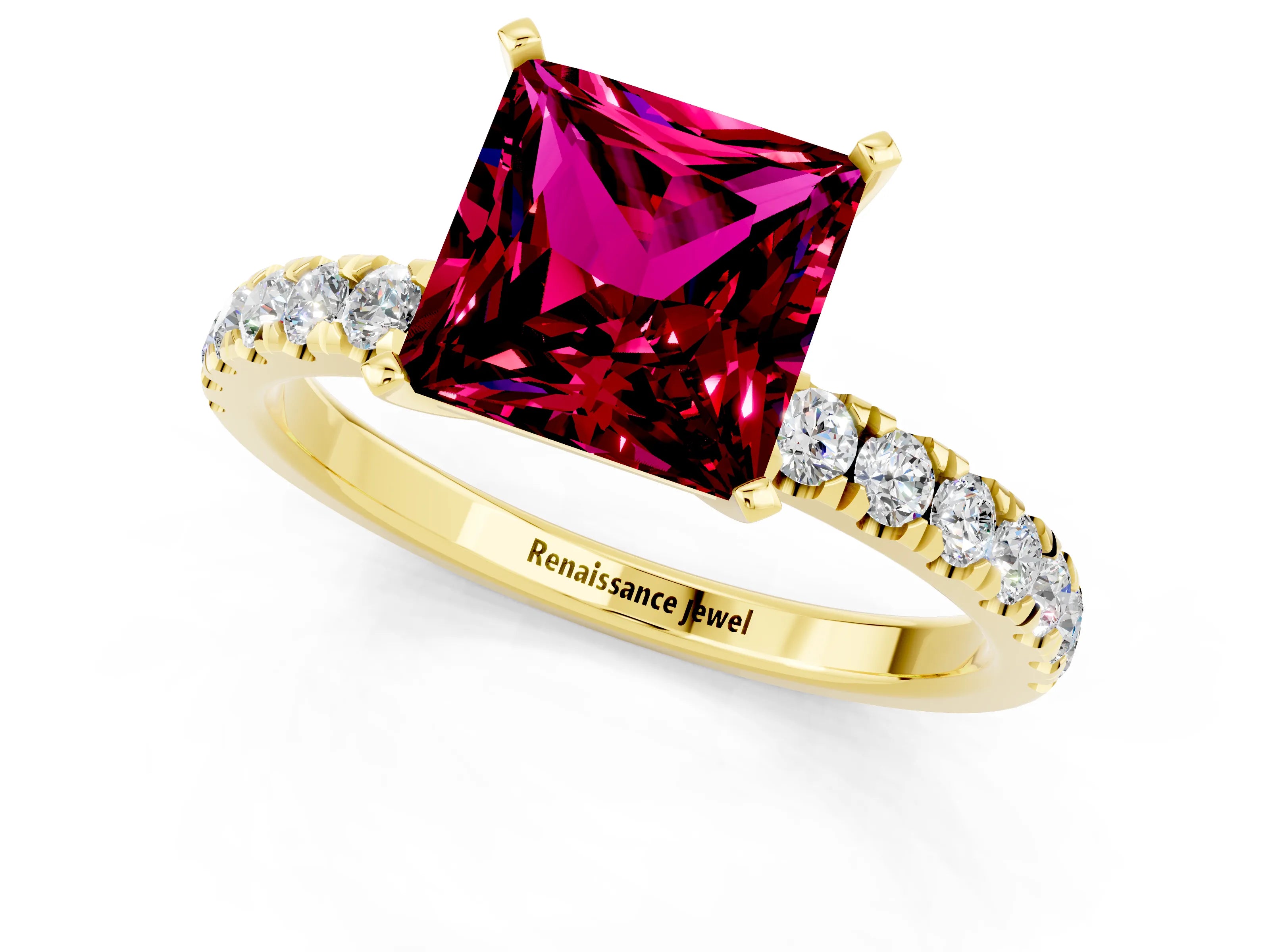 Yellow gold Princess Cut Garnet Solitaire Ring with Pavé Accents and Four-Prong Setting_1