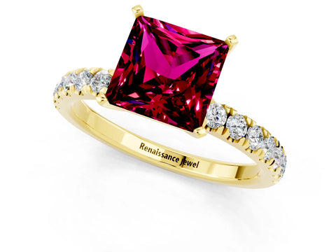 Yellow gold Princess Cut Garnet Solitaire Ring with Pavé Accents and Four-Prong Setting_1