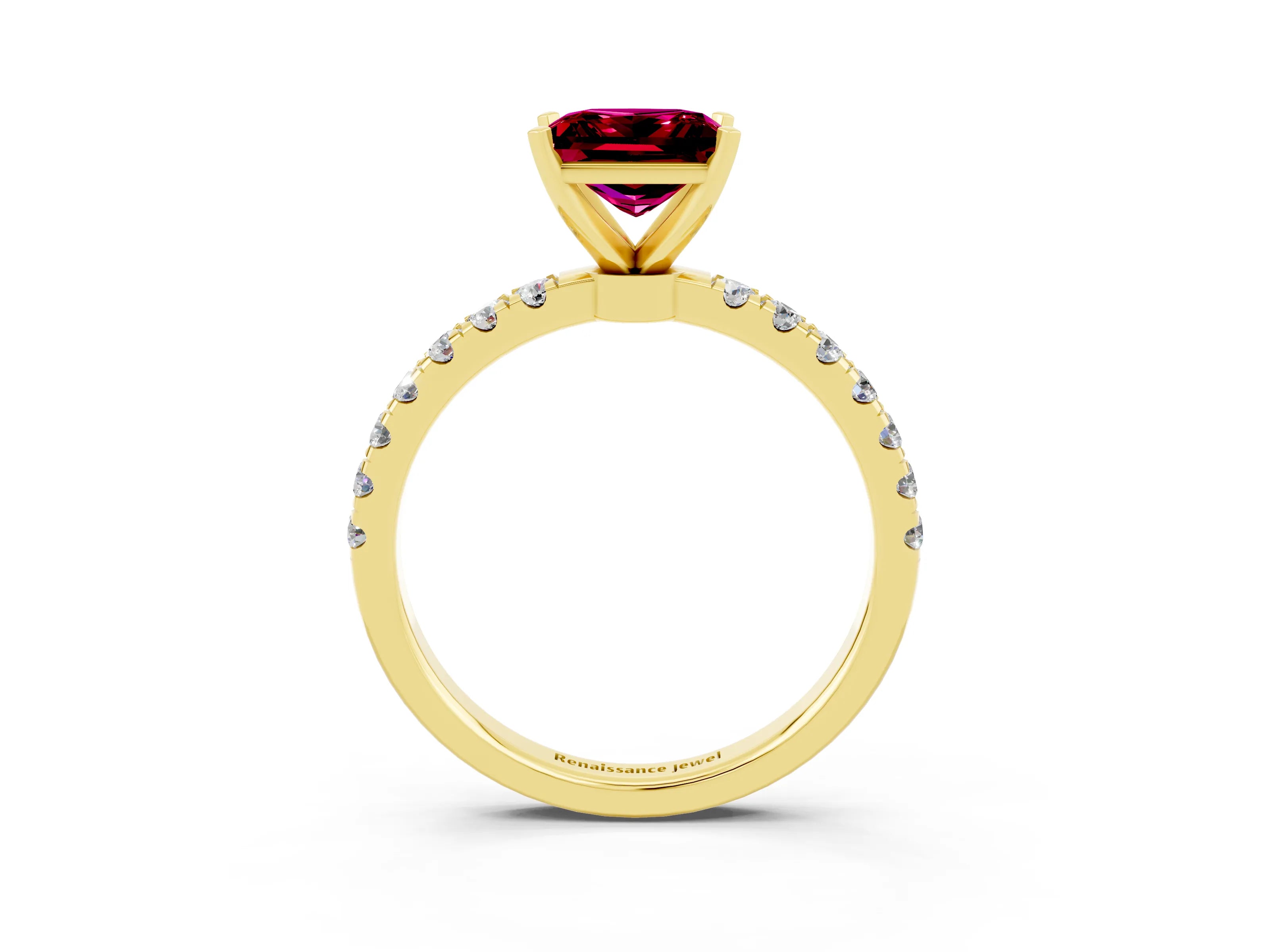 Yellow gold Princess Cut Garnet Solitaire Ring with Pavé Accents and Four-Prong Setting_3