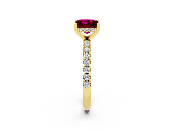 Yellow gold Princess Cut Garnet Solitaire Ring with Round  Pavé Band and Four-Prong Setting