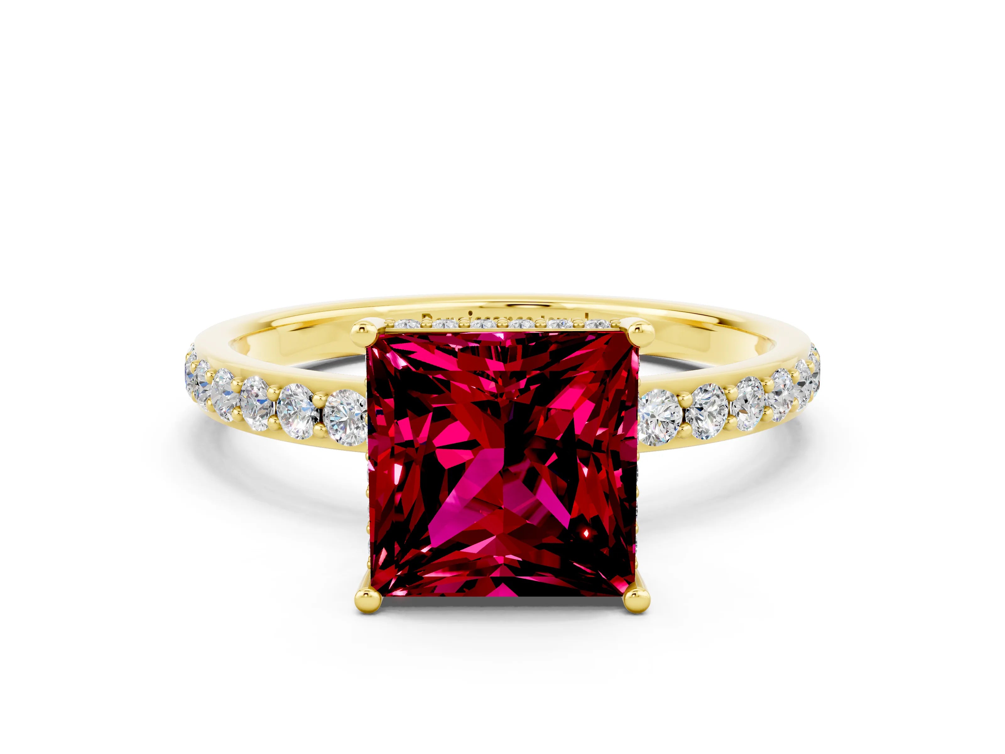 Yellow gold Princess Cut Garnet Solitaire Ring with Pavé Band and Hidden Halo_12