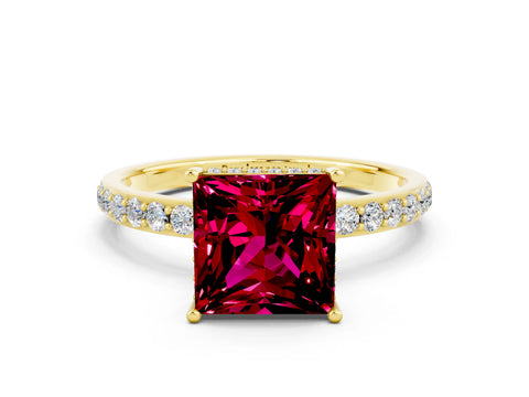Yellow gold Princess Cut Garnet Solitaire Ring with Pavé Band and Hidden Halo_12