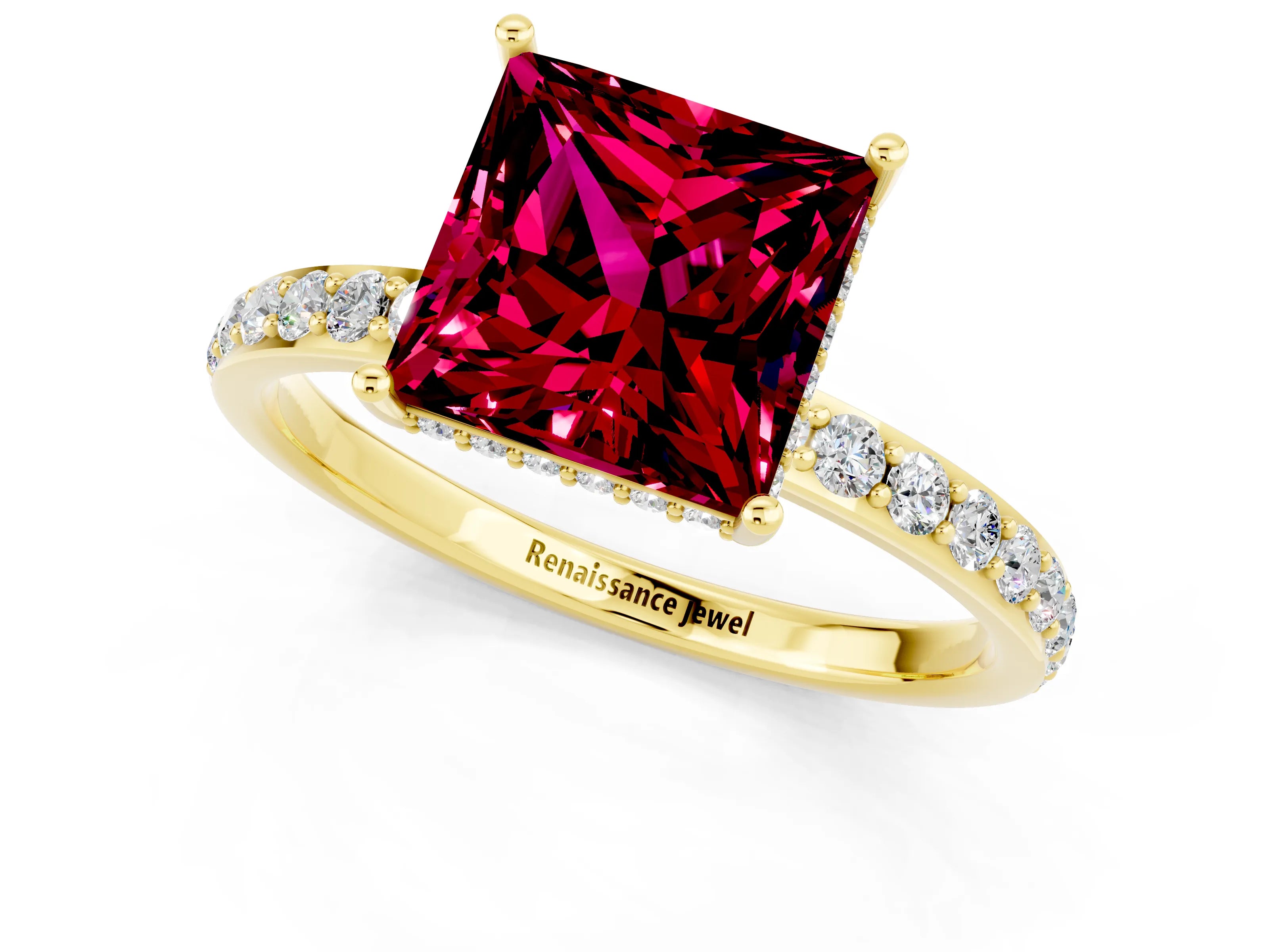 Yellow gold Princess Cut Garnet Solitaire Ring with Pavé Band and Hidden Halo_13