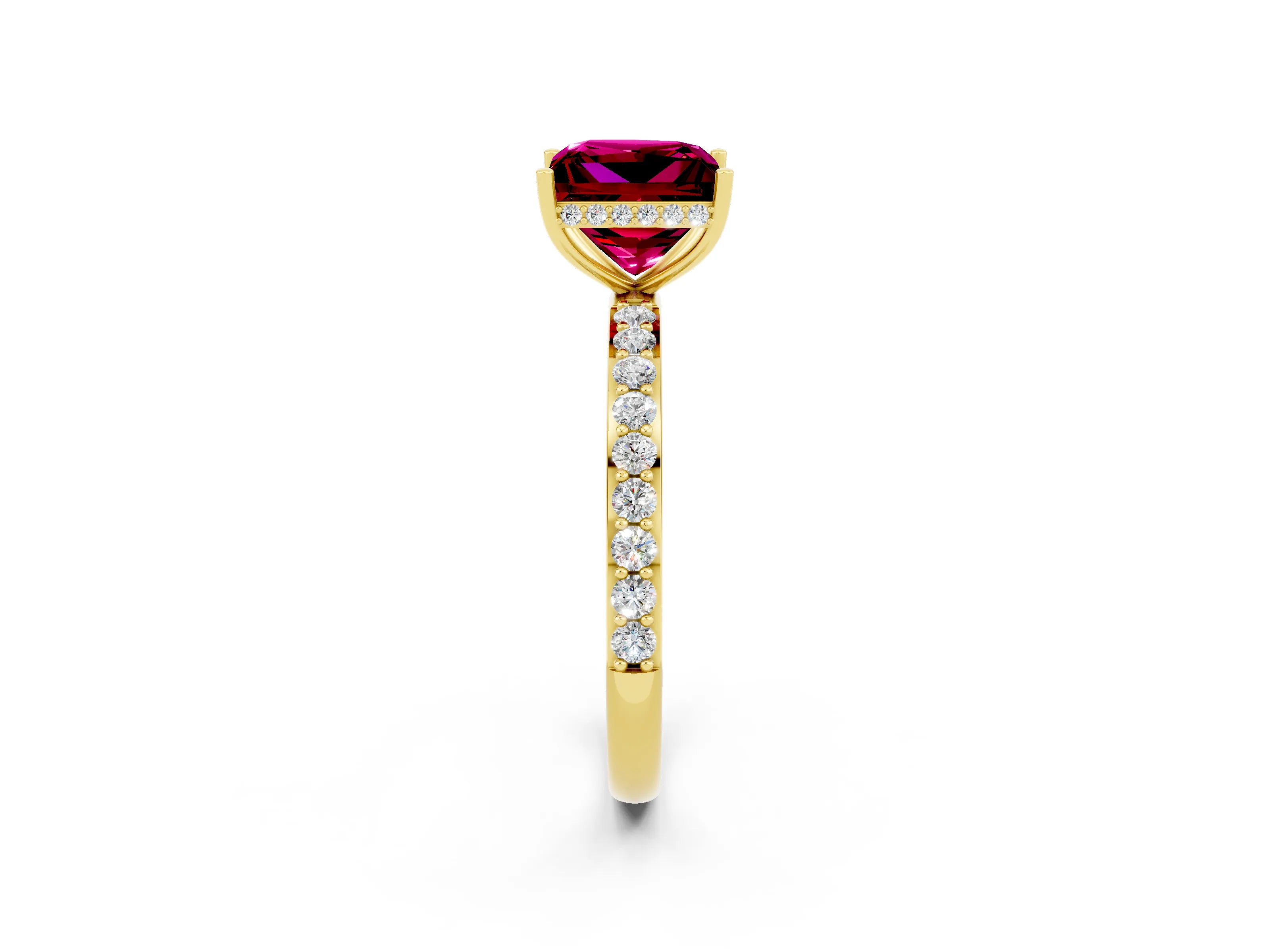Yellow gold Princess Cut Garnet Solitaire Ring with Pavé Band and Hidden Halo_14