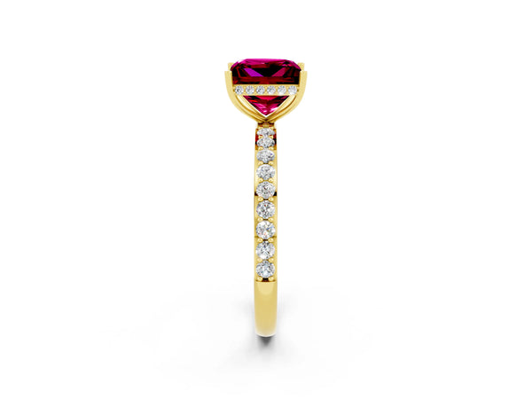 Yellow gold Princess Cut Garnet Solitaire Ring with Pavé Band and Hidden Halo