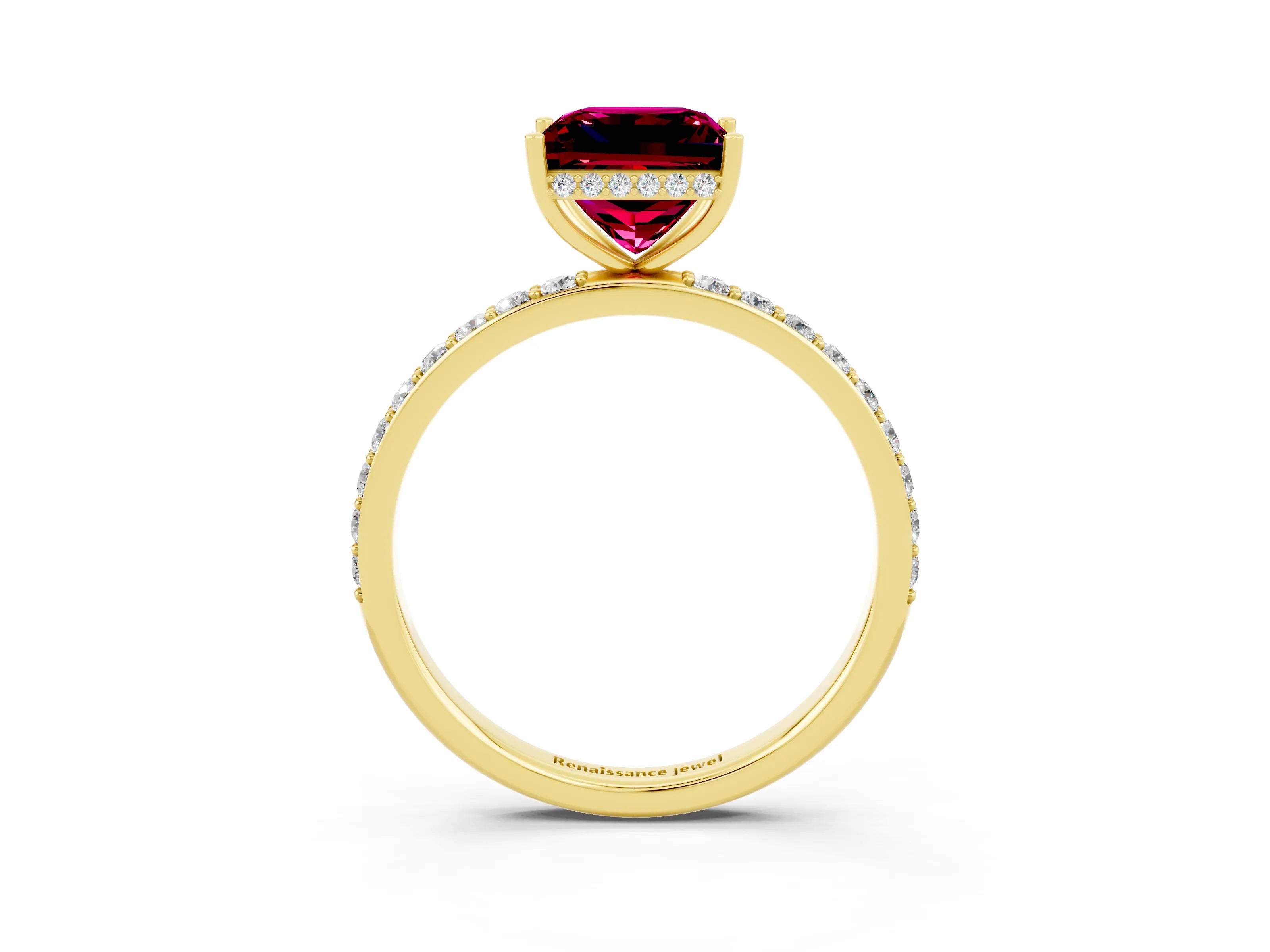 Yellow gold Princess Cut Garnet Solitaire Ring with Pavé Band and Hidden Halo_15