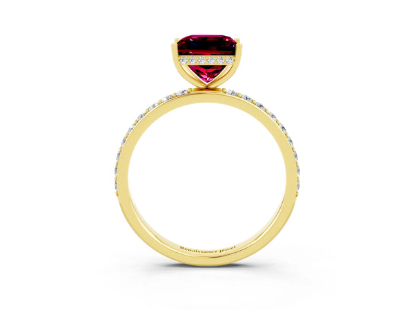 Yellow gold Princess Cut Garnet Solitaire Ring with Pavé Band and Hidden Halo