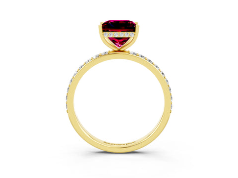 Yellow gold Princess Cut Garnet Solitaire Ring with Pavé Band and Hidden Halo_15