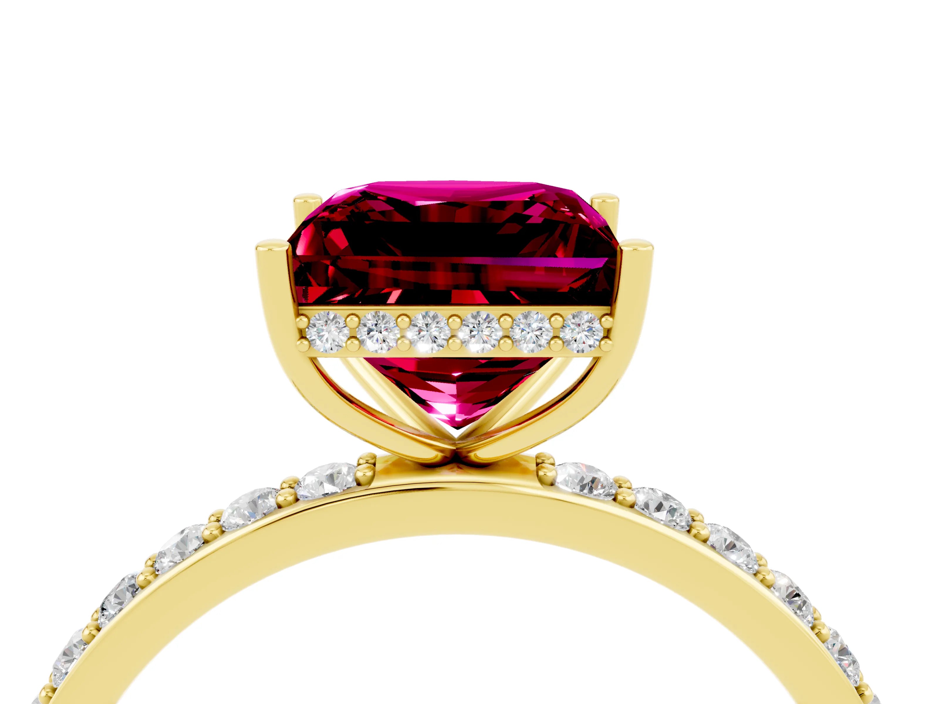 Yellow gold Princess Cut Garnet Solitaire Ring with Pavé Band and Hidden Halo_16