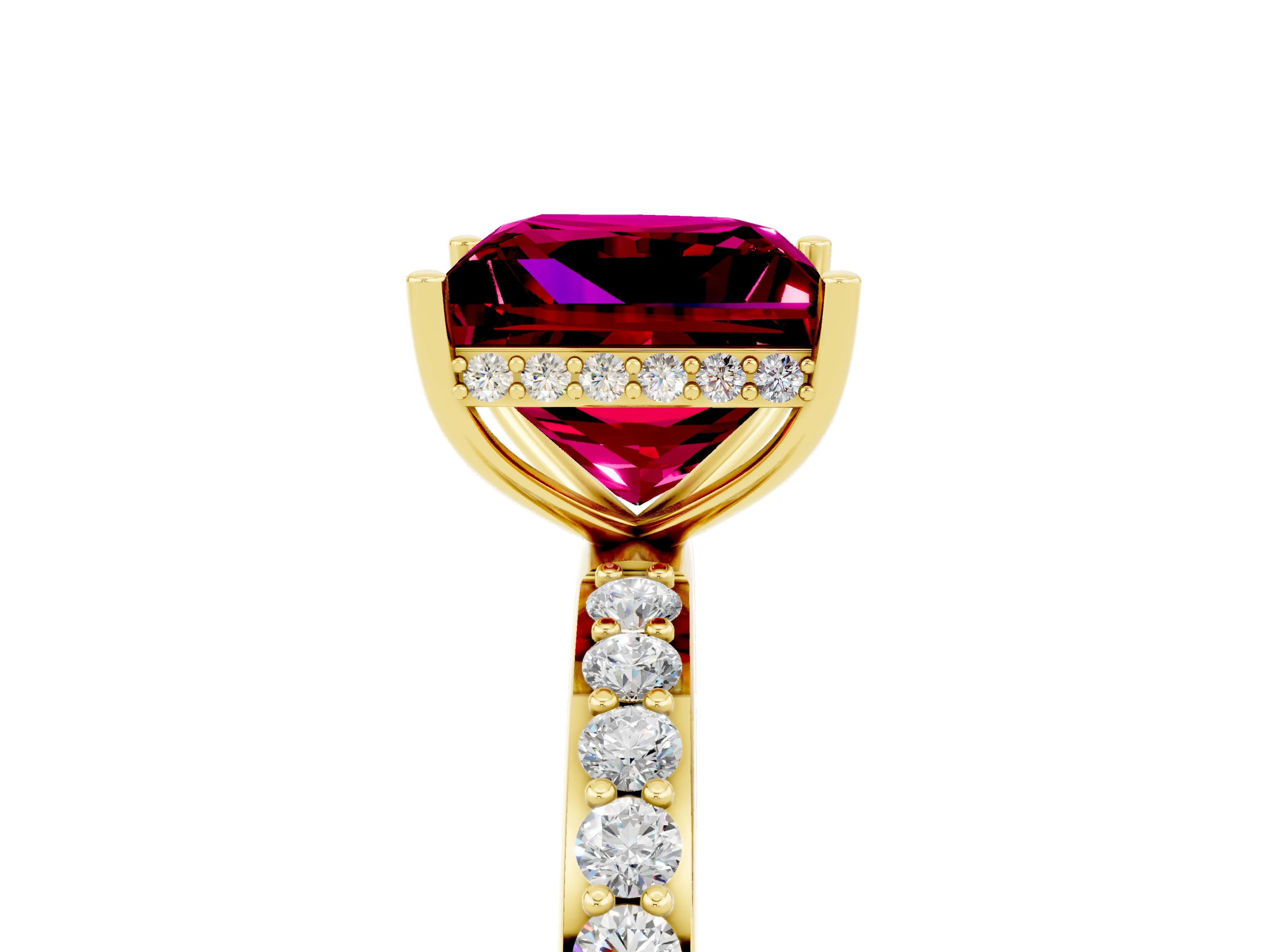 Yellow gold Princess Cut Garnet Solitaire Ring with Pavé Band and Hidden Halo_17
