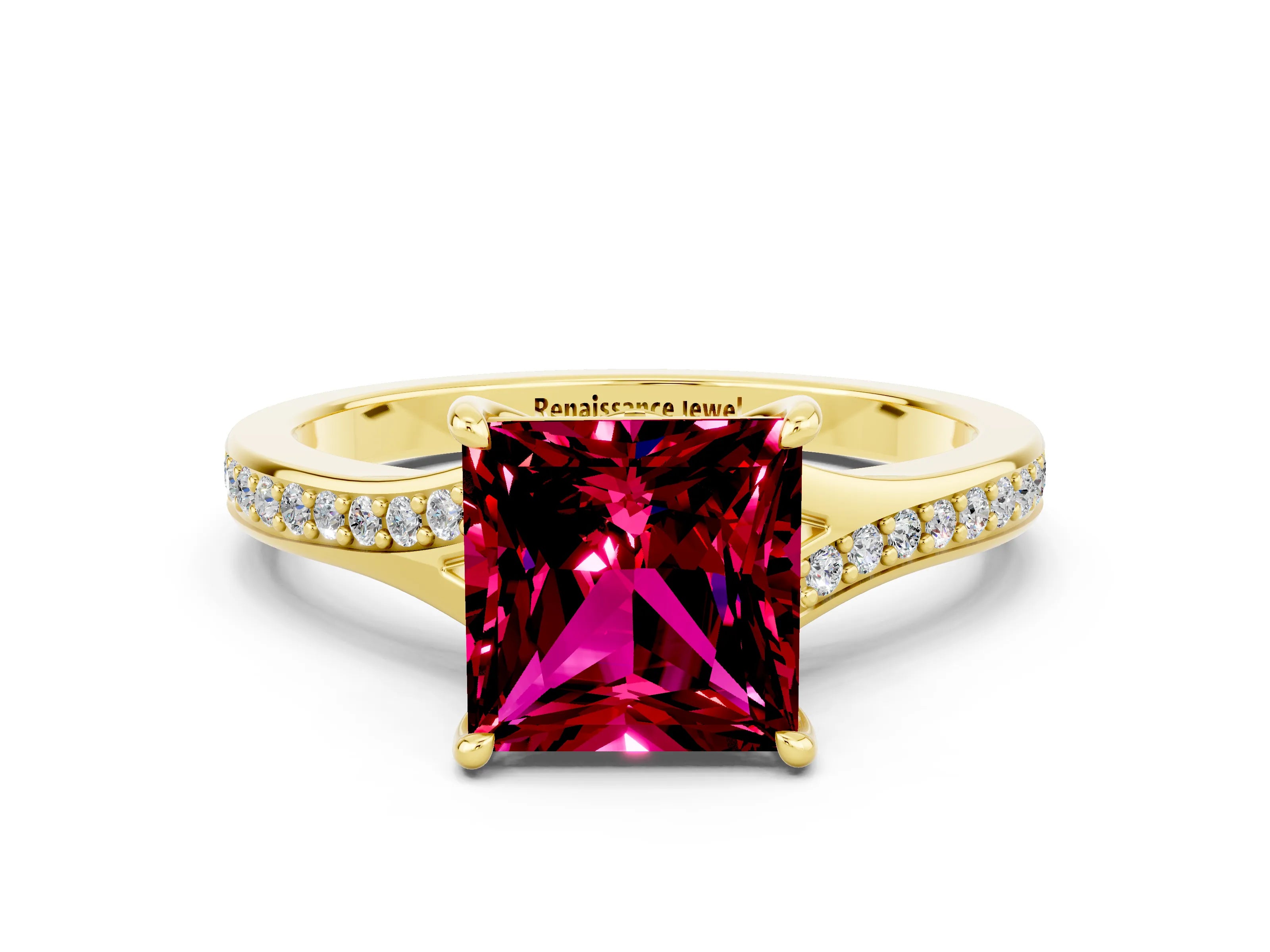 Yellow gold Princess Cut Garnet Solitaire Ring with Pavé Band and Prong Setting_12