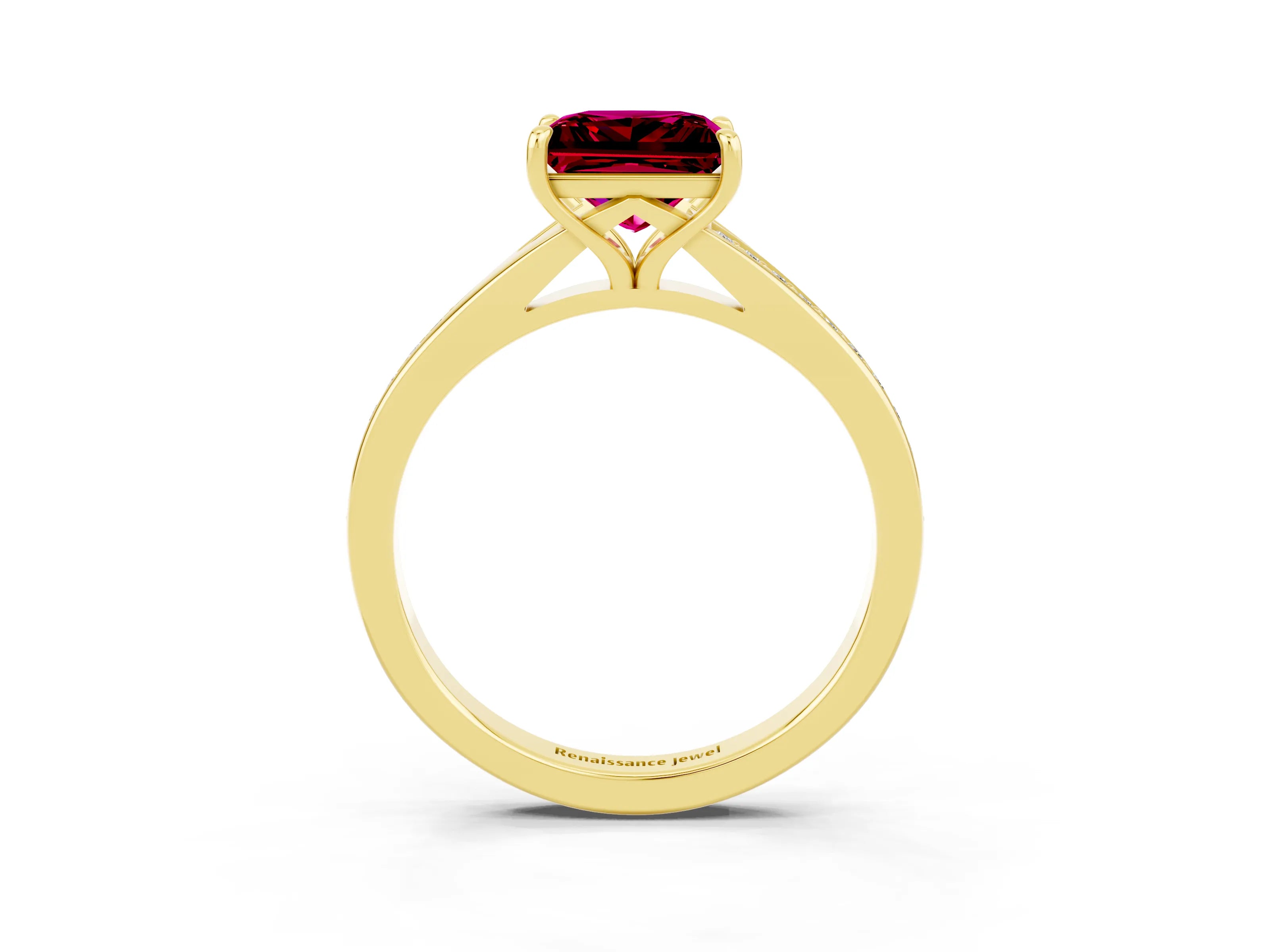 Yellow gold Princess Cut Garnet Solitaire Ring with Pavé Band and Prong Setting_15