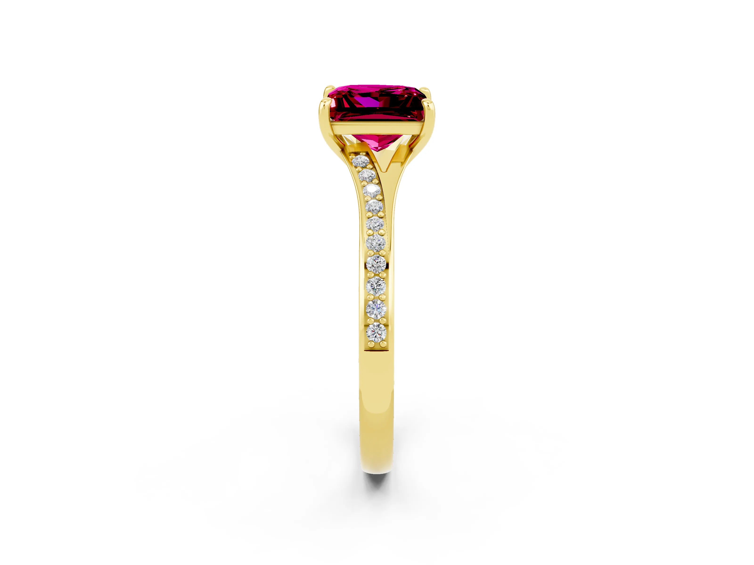 Yellow gold Princess Cut Garnet Solitaire Ring with Pavé Band and Prong Setting_2