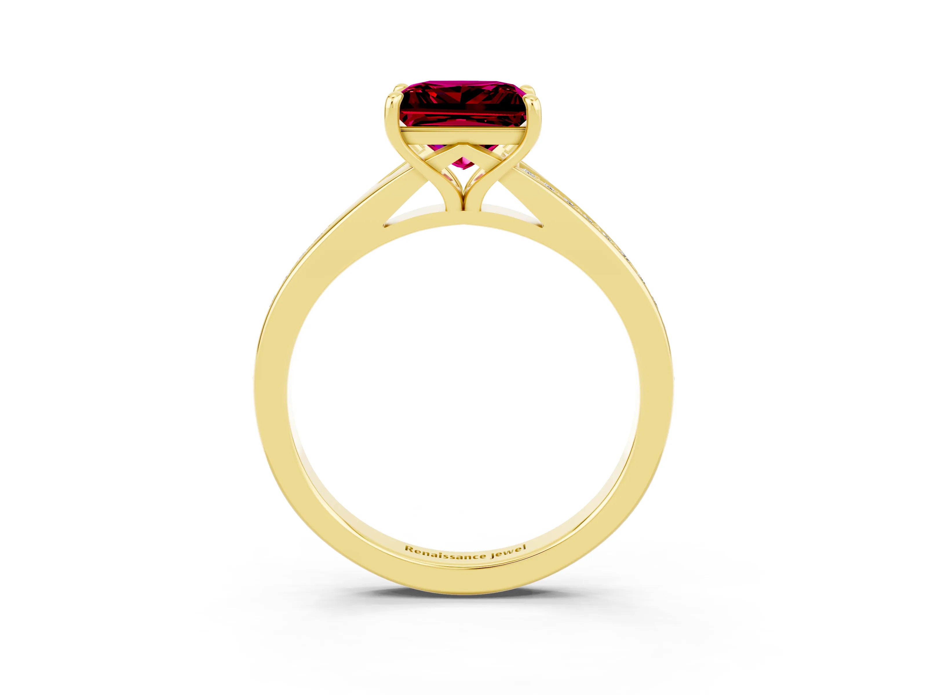 Yellow gold Princess Cut Garnet Solitaire Ring with Pavé Band and Prong Setting_3